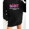 Kadın Oversize Kapüşonlu Cepli WANT Baskılı 3 İplik Pamuklu Hoodie Sweatshirt - Siyah