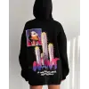 Kadın Oversize Kapüşonlu Cepli WANT Baskılı 3 İplik Pamuklu Hoodie Sweatshirt - Siyah