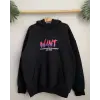 Kadın Oversize Kapüşonlu Cepli WANT Baskılı 3 İplik Pamuklu Hoodie Sweatshirt - Siyah