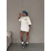 Kadın Bisiklet Yaka Baskılı Kısa kol Oversize T-Shirt - Beyaz