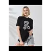 Kadın Bisiklet Yaka Baskılı  Kısa kol T-Shirt - Siyah