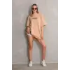kadın Bisiklet Yaka Baskılı Oversize Kısa kol T-Shirt - Bej