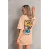 kadın Bisiklet Yaka Baskılı Oversize Kısa kol T-Shirt - Bej
