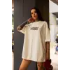 Kadın Bisiklet Yaka Baskılı Oversize  Kısa kol T-Shirt - Beyaz