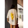 Kadın Bisiklet Yaka Baskılı Oversize  Kısa kol T-Shirt - Beyaz