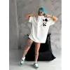 kadın Bisiklet Yaka Baskılı Oversize  Kısa kol T-Shirt - Beyaz