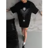 kadın Bisiklet Yaka Baskılı Oversize  Kısa kol T-Shirt - Siyah