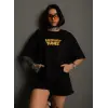 kadın Bisiklet Yaka Baskılı Oversize  Kısa kol T-Shirt - Siyah