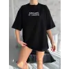 kadın Bisiklet Yaka Baskılı Oversize  Kısa kol T-Shirt - Siyah