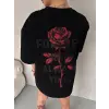 kadın Bisiklet Yaka Baskılı Oversize  Kısa kol T-Shirt - Siyah