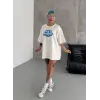 Kadın Kısa Kol Yazlık Tişört Bisiklet Yaka Baskılı Oversize T-Shirt - Beyaz