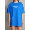 kadın Bisiklet Yaka Baskılı Oversize T-Shirt - Mavi