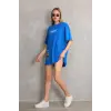 kadın Bisiklet Yaka Baskılı Oversize T-Shirt - Mavi
