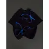 kadın Bisiklet Yaka Baskılı Oversize T-Shirt - Siyah