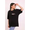 Kadın Kısa Kol Yazlık Tişört Bisiklet Yaka Baskılı Oversize T-Shirt - Siyah