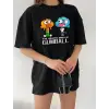 Kadın Kısa kol Tişört Bisiklet Yaka Baskılı Oversize T-Shirt - Siyah