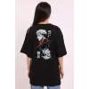 Kadın Kısa Kol Yazlık Tişört Bisiklet Yaka Baskılı Oversize T-Shirt - Siyah