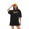Kadın Kısa Kol Yazlık Tişört Bisiklet Yaka Baskılı Oversize T-Shirt - Siyah