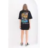 kadın  Bisiklet Yaka Baskılı Oversize T-Shirt - Siyah