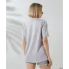 Kadın Bisiklet Yaka Baskılı Slim Fit T-Shirt - Boyalı Gri
