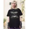 Kadın Baskılı T-Shirt Kısa Kol Bisiklet Yaka Oversize Rahat Kalıp Tişört - Siyah