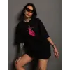 Kadın Kısa Kol Tişört Bisiklet Yaka Boxy Eldiven Baskılı T-Shirt - Siyah