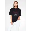 kadın Bisiklet Yaka  Kısa kol Baskılı Oversize T-Shirt - Siyah