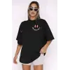 Kadın Baskılı T-Shirt Kısa Kol Bisiklet Yaka Oversize Rahat Kalıp Tişört - Siyah