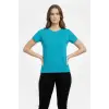 Kadın T-Shirt Bisiklet Yaka Slim Fit Likralı Tişört Yazlık Basic Body - Turkuvaz