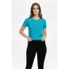Kadın T-Shirt Bisiklet Yaka Slim Fit Likralı Tişört Yazlık Basic Body - Turkuvaz