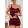 Kadın Bordo Asimetrik Sırt Dekolte Detaylı Şık Şortlu Gecelik Takım H110530