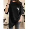 Kadın T-shirt Bisiklet yaka  NY Baskılı kısa kol Tişört - Siyah
