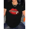 Kadın Kısa Kol Yazlık Tişört Bisiklet Yaka Dudak Baskılı T-Shirt - Siyah