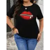 Kadın Kısa Kol Yazlık Tişört Bisiklet Yaka Dudak Baskılı T-Shirt - Siyah