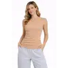 Kadın Fitilli Atlet Sıfır Yaka Slim Fit Arka Baskılı Spor Atlet - Bej