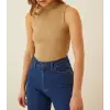 Kadın Full Likralı Fitilli Kaşkorse Body - Camel