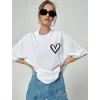 Kadın Tişort Kalp Baskılı Bisiklet yaka Kısa kol T-Shirt - Beyaz