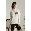 Kadın Oversize Kapüşonlu Cepli Baskılı 3 İplik Pamuklu Hoodie Sweatshirt - Beyaz