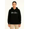 Kadın Kapüşonlu Kanguru Cepli Sweatshirt 3 İplik Pamuklu Baskılı Hoodie - Siyah