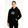 Kadın Oversize Kapüşonlu Cepli Baskılı 3 İplik Pamuklu Hoodie Sweatshirt - Siyah