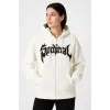 Kadın Kapüşonlu 3 İplik Pamuklu Önü Baskılı Fermuarlı Oversize Hoodie Sweatshirt - Beyaz