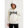 Kadın Kapüşonlu 3 İplik Pamuklu Önü Baskılı Fermuarlı Oversize Hoodie Sweatshirt - Beyaz