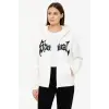 Kadın Kapüşonlu 3 İplik Pamuklu Önü Baskılı Fermuarlı Oversize Hoodie Sweatshirt - Beyaz