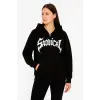 Kadın Kapüşonlu 3 İplik Şardonlu Önü Baskılı Fermuarlı Oversize Sweatshirt - Siyah