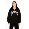 Kadın Kapüşonlu 3 İplik Şardonlu Önü Baskılı Fermuarlı Oversize Sweatshirt - Siyah