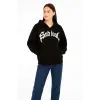 Kadın Kapüşonlu 3 İplik Şardonlu Önü Baskılı Fermuarlı Oversize Sweatshirt - Siyah