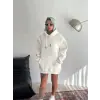 Kadın Kapüşonlu Kanguru Cepli 3 İplik Pamuklu Oversize Hoodie Sweatshirt - Beyaz