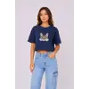Kadın Kedi Baskılı Oversize Crop Tişört Salaş Basic Yarım Kol T-shirt - Lacivert