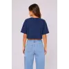 Kadın Kedi Baskılı Oversize Crop Tişört Salaş Basic Yarım Kol T-shirt - Lacivert