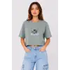 Kadın Kedi Baskılı Oversize Crop Tişört Salaş Basic Yarım Kol T-shirt - Mint Yeşili